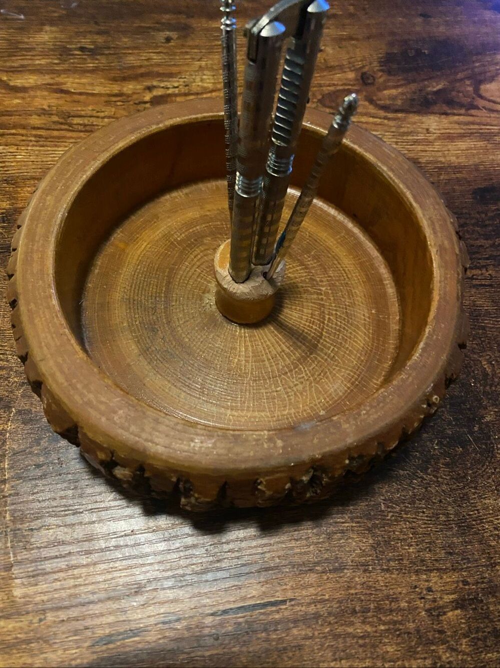 Vintage MCM Nut Bowl Set Live Edge Wood Brown Nutcracker Picks Rustic Cabin